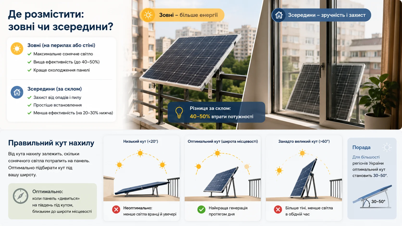 Встановлення сонячної панелі зовні та за склом балкона і вибір правильного кута нахилу