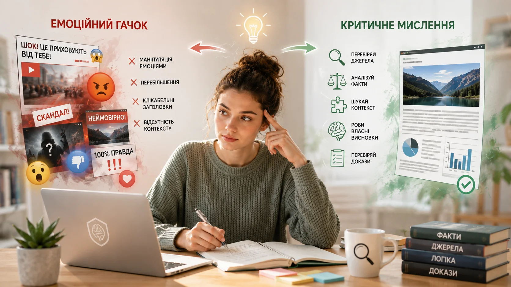 Людина аналізує емоційний контент та застосовує критичне мислення під час читання новин
