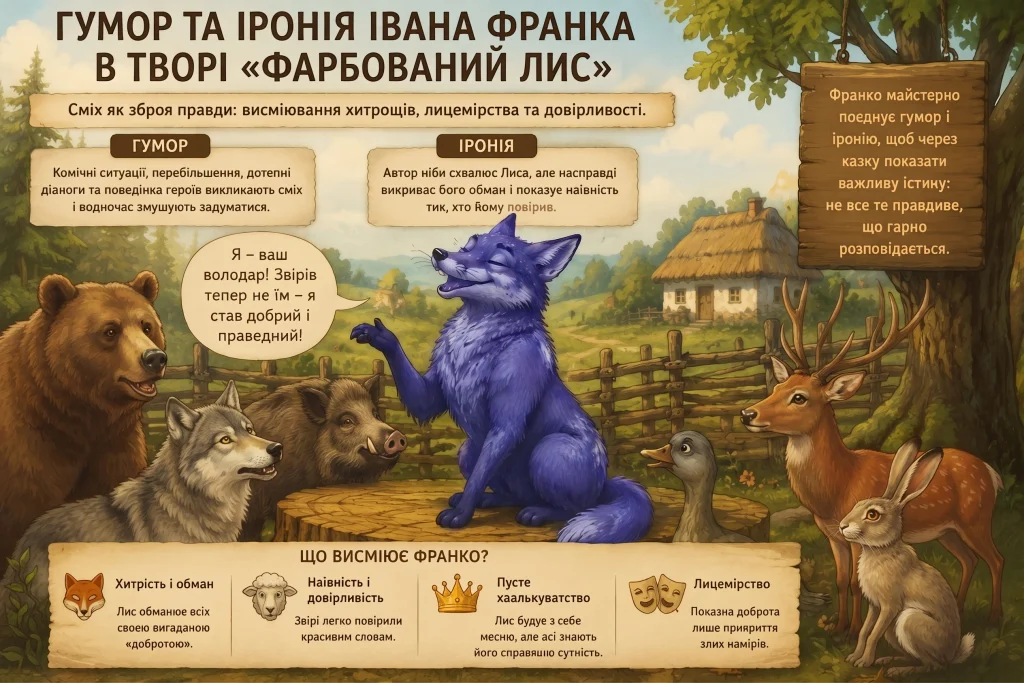Ілюстрація-інфографіка до казки Іван Франко Фарбований Лис: блакитний Лис Микита серед звірів у лісі, аналіз ідеї та гумору твору