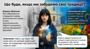 Дівчина тримає книгу з українською символікою на тлі традиційної та сучасної культури
