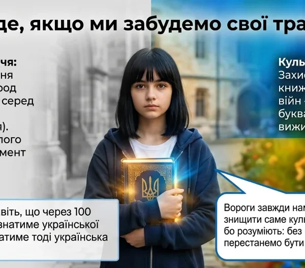 Дівчина тримає книгу з українською символікою на тлі традиційної та сучасної культури