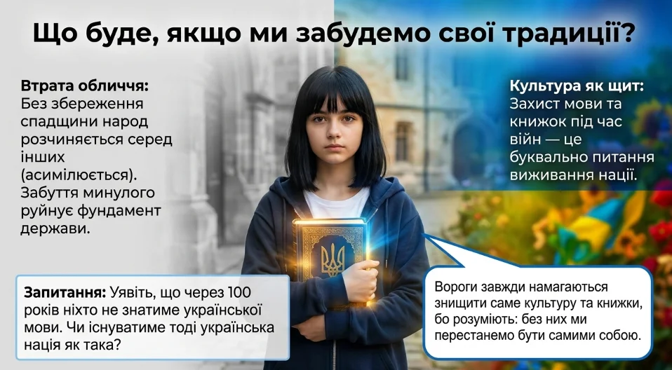 Культура матеріальна і духовна Дівчина тримає книгу з українською символікою на тлі традиційної та сучасної культури