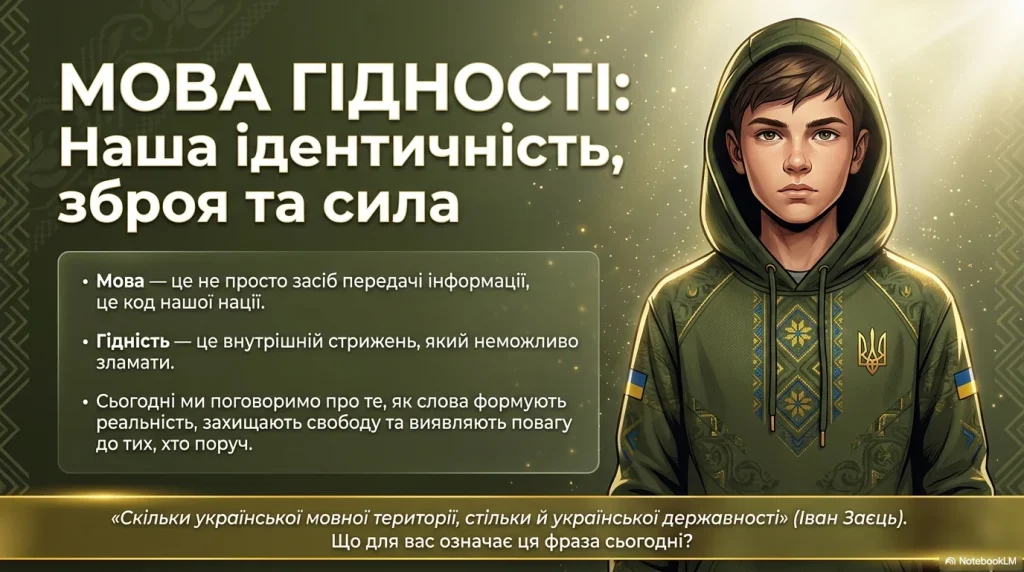 Титульний слайд презентації Мова гідності НУШ з хлопцем у зеленій вишитій кофті