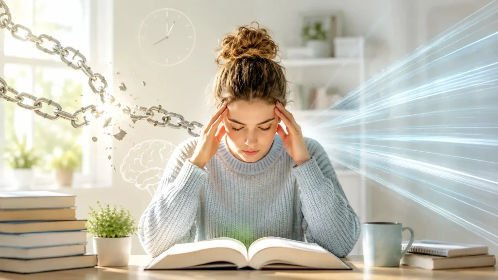 Людина читає книгу та долає психологічний бар’єр під час швидкого читання