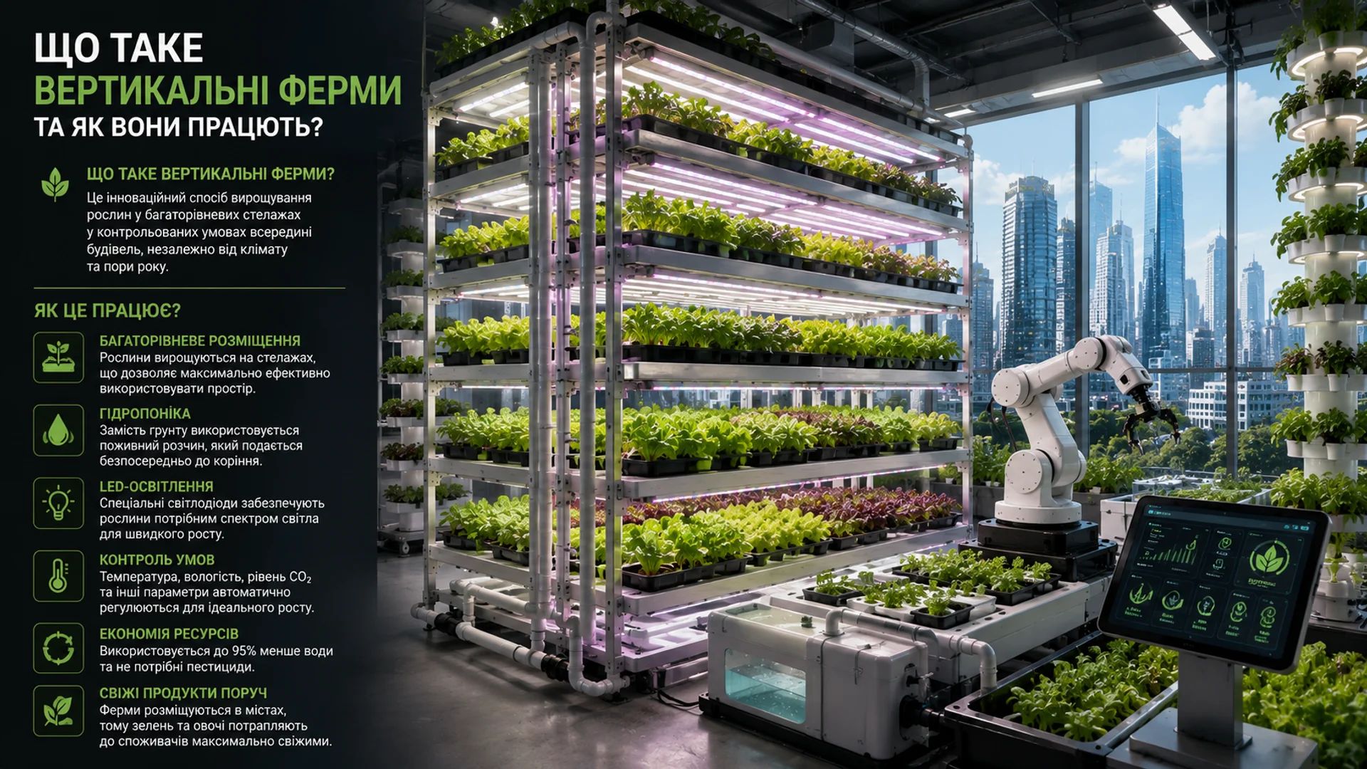 Вертикальна ферма з багаторівневими стелажами, гідропонікою та LED-освітленням