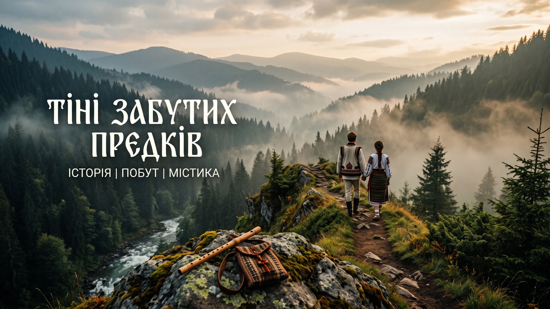 Обкладинка до повісті Тіні забутих предків Михайла Коцюбинського: гуцульська пара на фоні Карпат, сопілка та текст Історія, Побут, Містика
