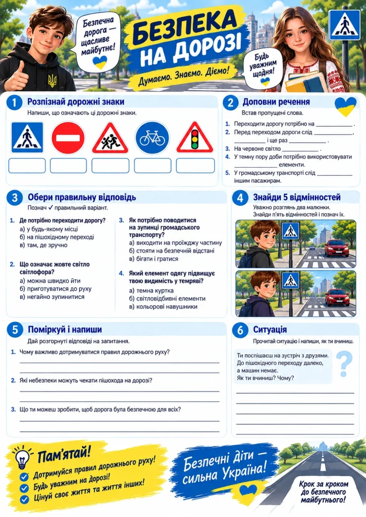 Безпека на дорозі — робочий аркуш для дітей