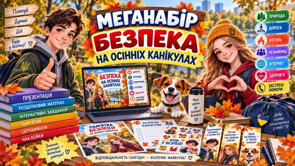 Меганабір «Безпека на осінніх канікулах» — презентація, пам’ятки, завдання, сертифікати та наклейки