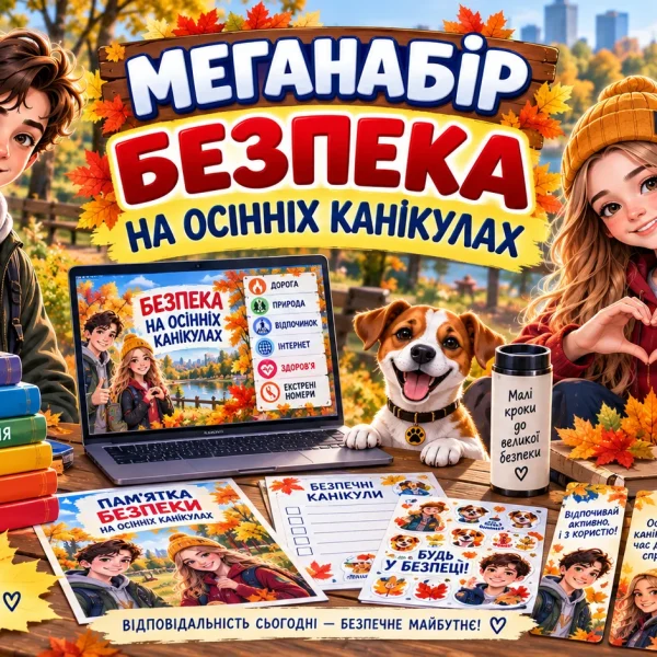 Меганабір «Безпека на осінніх канікулах» — презентація, пам’ятки, завдання, сертифікати та наклейки