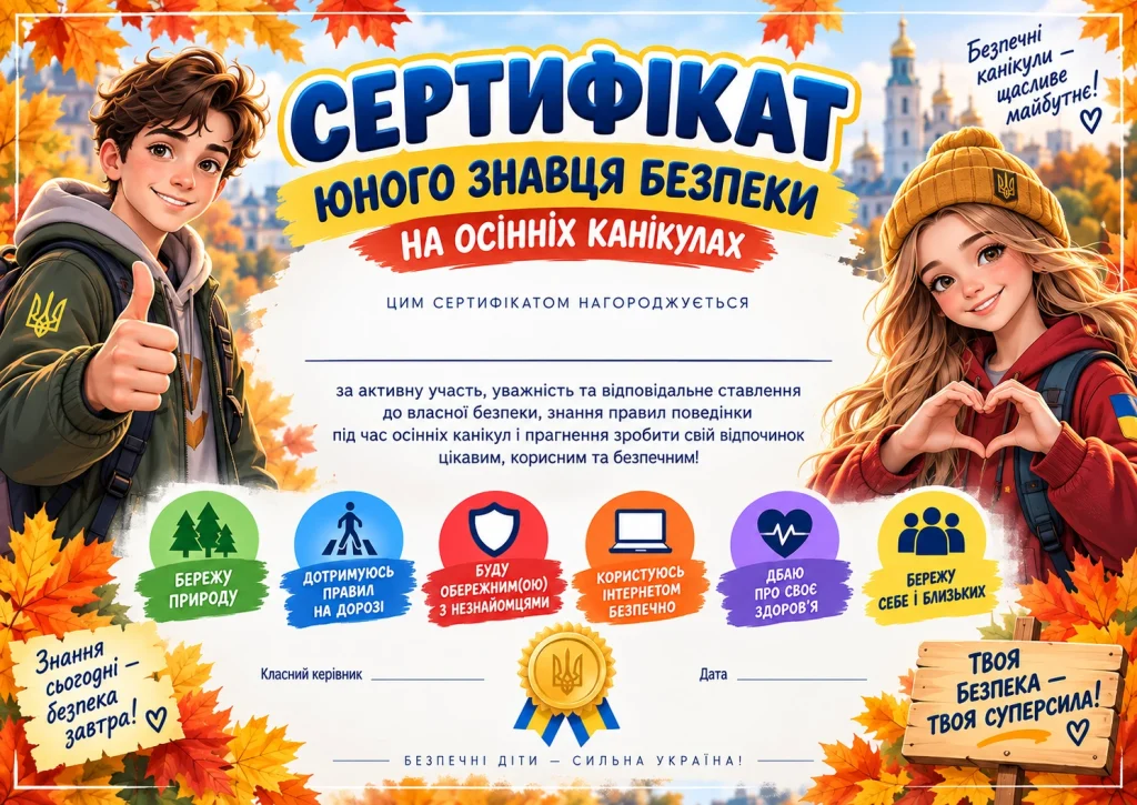 Сертифікат юного знавця безпеки на осінніх канікулах