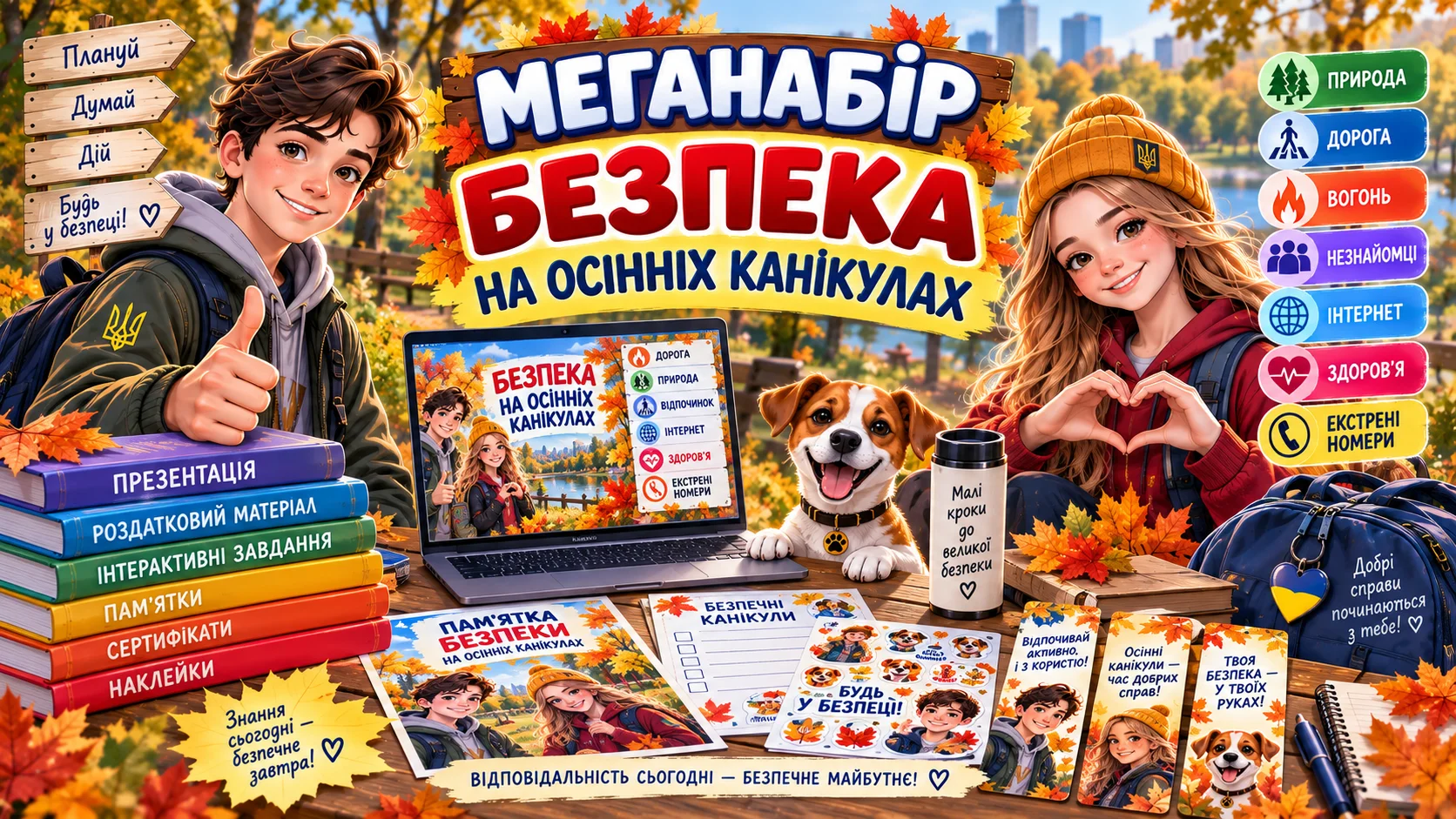 Безпека на осінніх канікулах Меганабір «Безпека на осінніх канікулах» — презентація, пам’ятки, завдання, сертифікати та наклейки