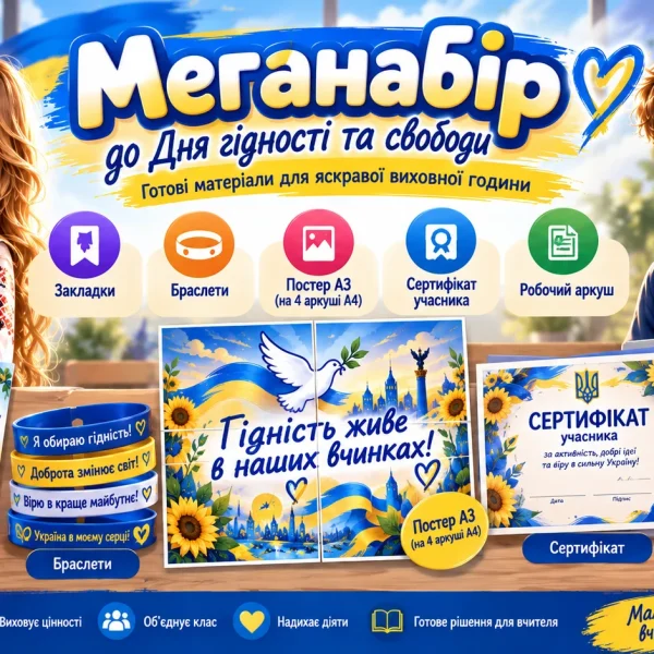 Меганабір до Дня Гідності та Свободи — презентація, закладки, браслети, плакат, сертифікат і робочий аркуш