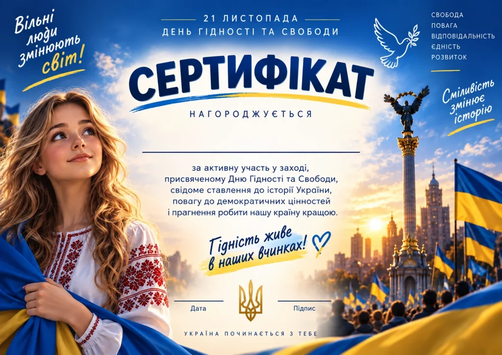 Сертифікат до Дня Гідності та Свободи 21 листопада для учнів