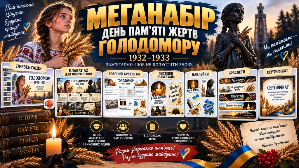 Меганабір матеріалів до Дня пам'яті жертв Голодомору: презентація, плакат, робочий аркуш, листівки та сертифікат