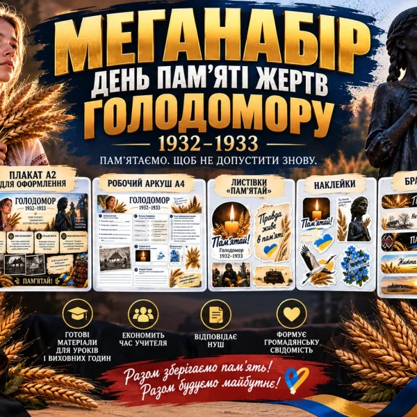 Меганабір матеріалів до Дня пам'яті жертв Голодомору: презентація, плакат, робочий аркуш, листівки та сертифікат