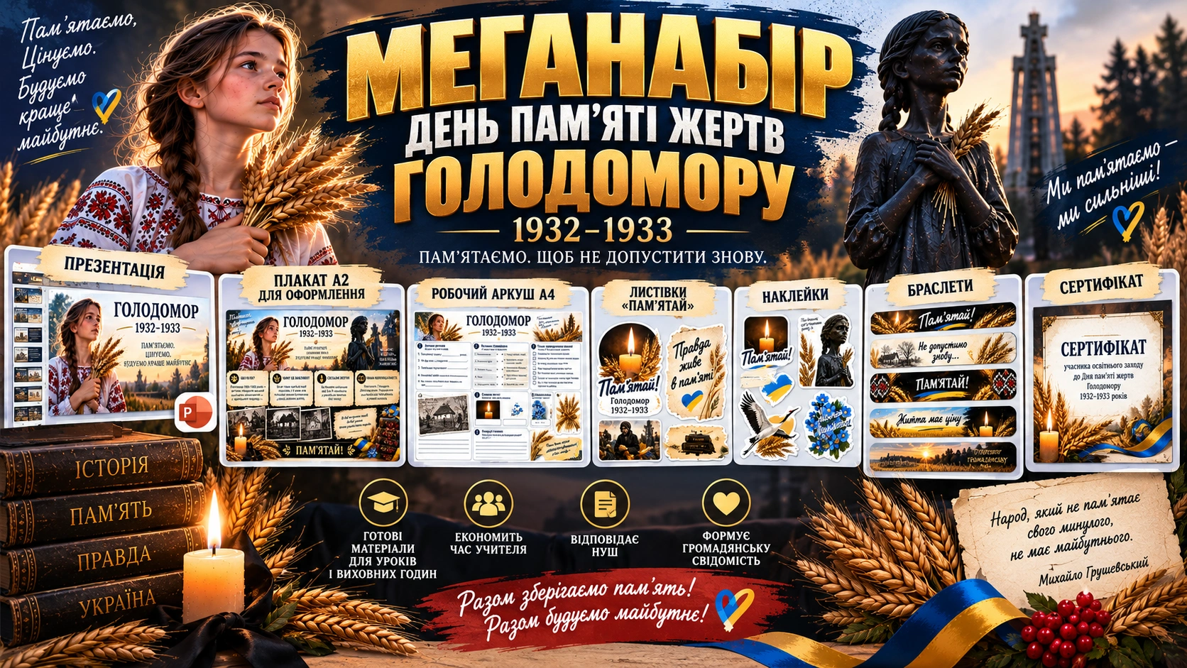 День пам'яті жертв голодомору - презентація Меганабір матеріалів до Дня пам'яті жертв Голодомору: презентація, плакат, робочий аркуш, листівки та сертифікат