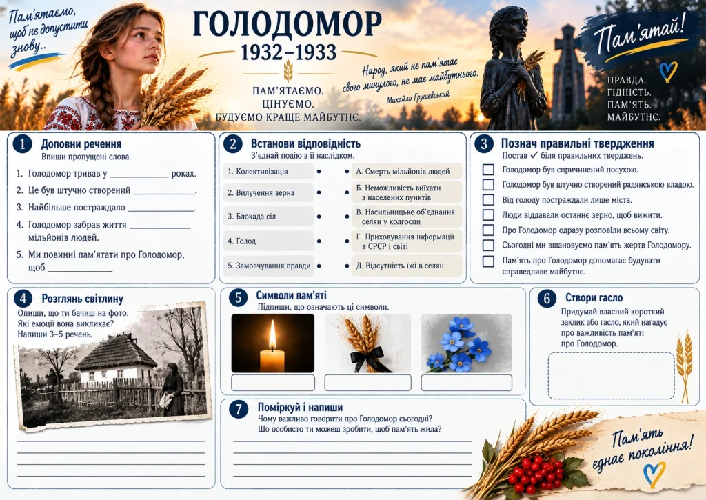 Робочий аркуш з завданнями до Дня пам'яті жертв Голодомору 1932–1933 років