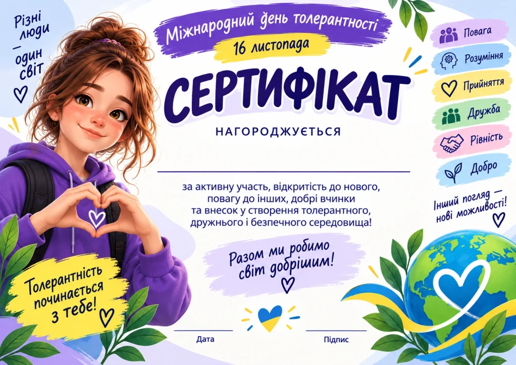 Сертифікат до Міжнародного дня толерантності для учнів