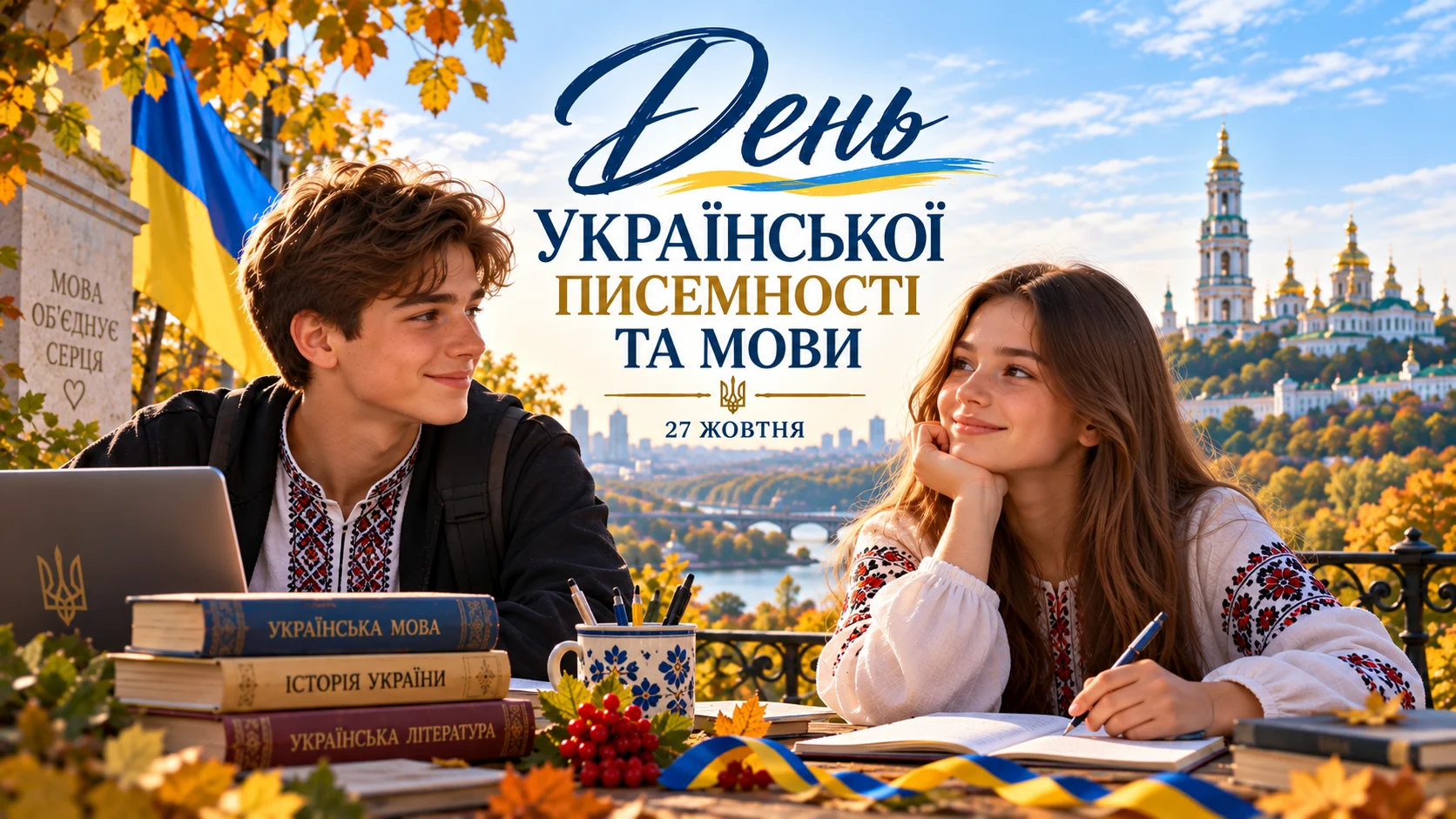 День української писемності та мови 27 жовтня — хлопець і дівчина з українськими книгами на тлі Києва