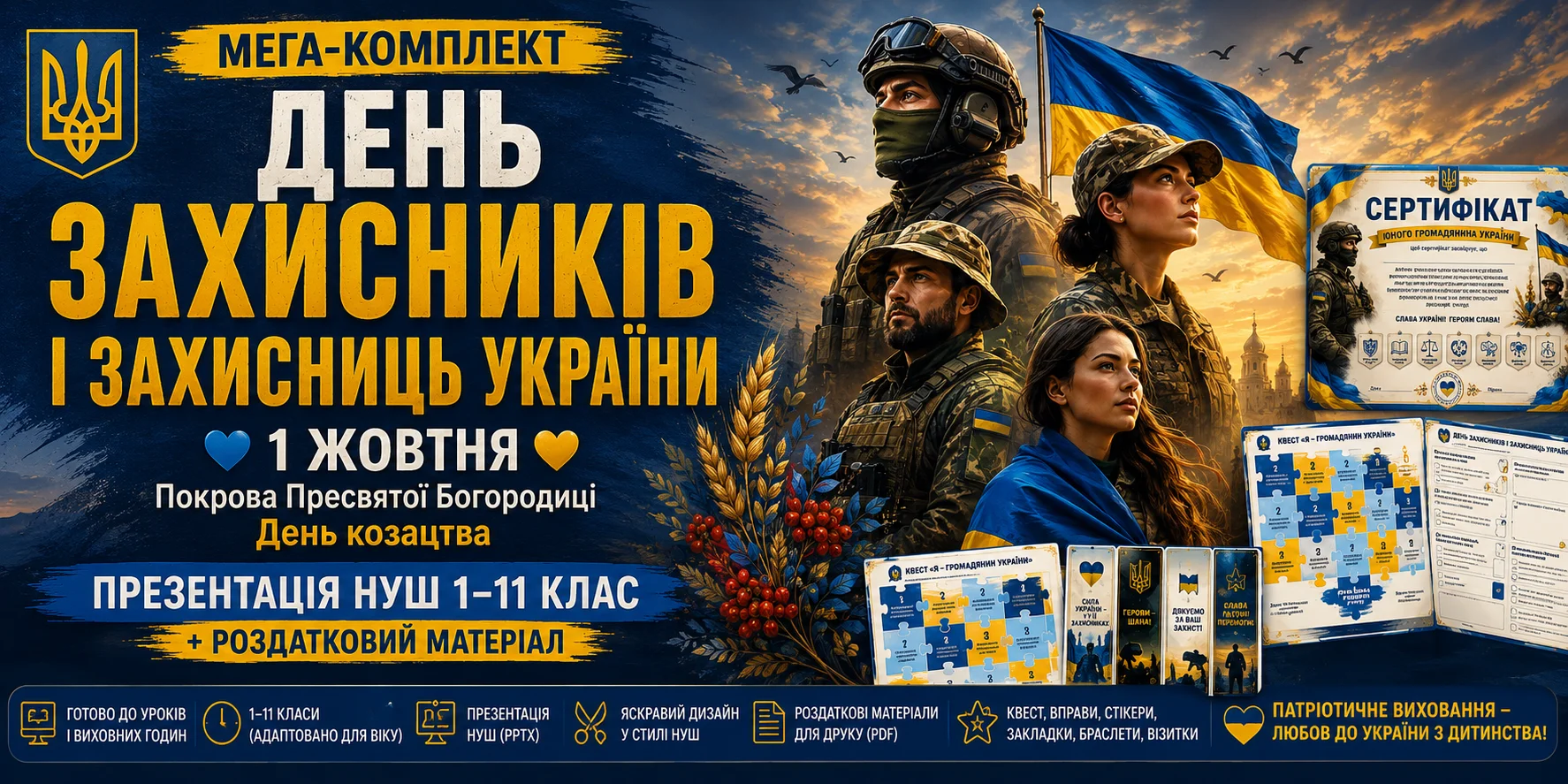 День захисників і захисниць України 1 жовтня. Презентація НУШ 1-11 клас + Роздатковий матеріал День захисників та захисниць