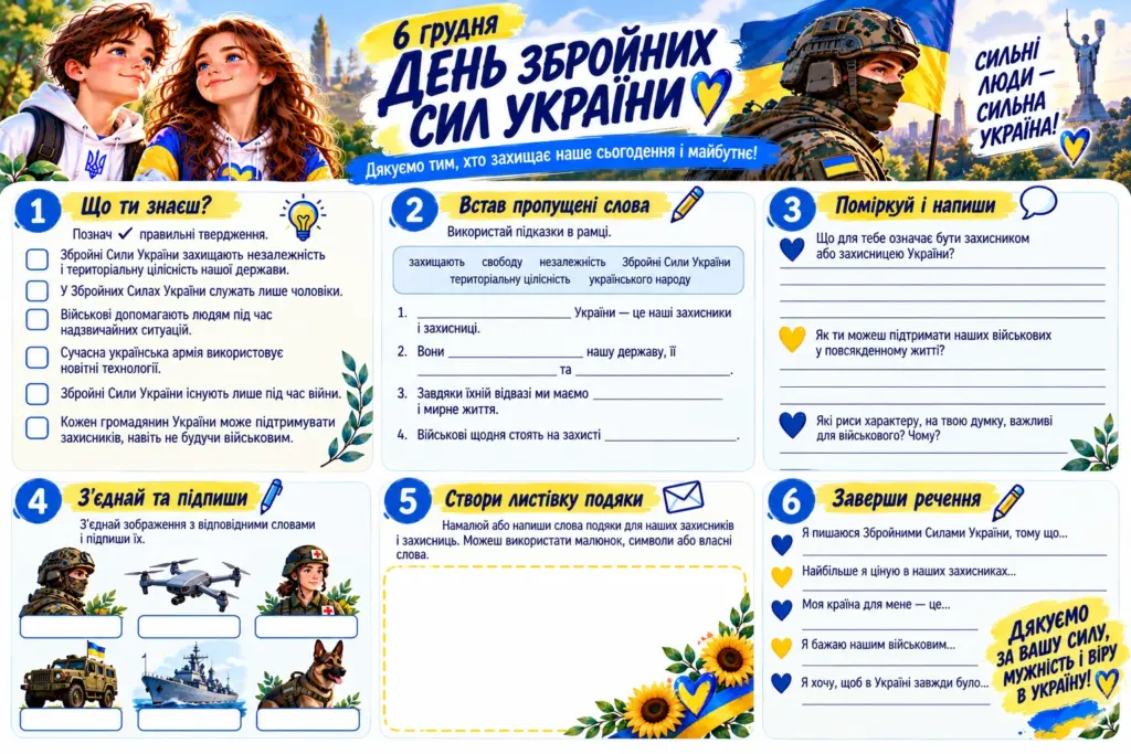 День Збройних Сил України 6 грудня — робочий зошит із завданнями про захисників України