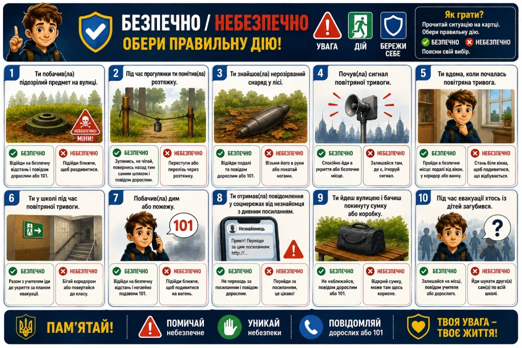 КартНавчальні картки для гри «Безпечно — небезпечно» із ситуаціями про підозрілі предмети, розтяжки, небезпечні знахідки, повітряну тривогу, евакуацію та спілкування з незнайомцями.ки для гри «Безпечно — небезпечно» з правил мінної безпеки та повітряної тривоги