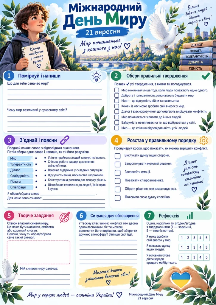Робочий аркуш до Міжнародного дня миру 21 вересня для учнів