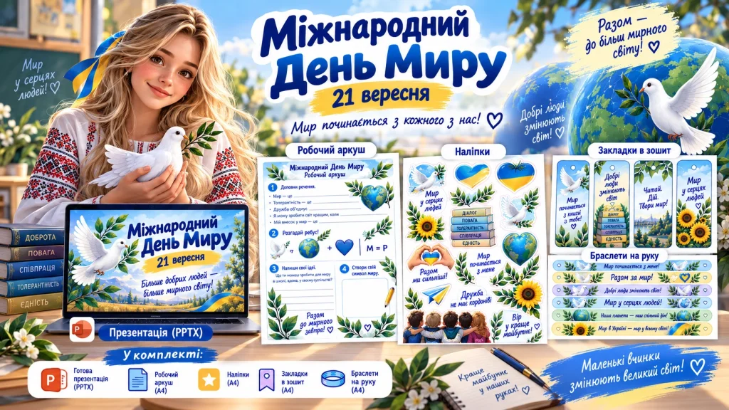Міжнародний день миру 21 вересня — презентація, робочий аркуш, наліпки, закладки та браслети