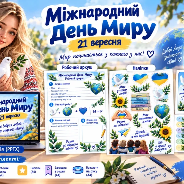 Міжнародний день миру 21 вересня — презентація, робочий аркуш, наліпки, закладки та браслети
