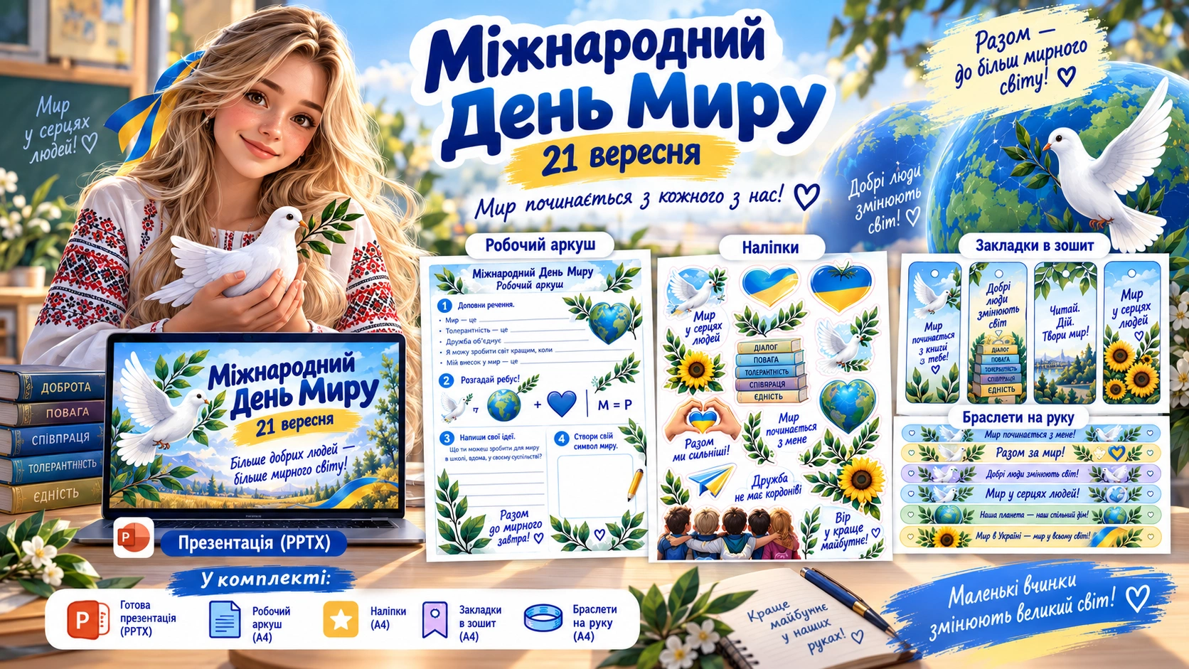Міжнародний день миру 21 вересня — презентація та роздатковий матеріал Міжнародний день миру 21 вересня — презентація, робочий аркуш, наліпки, закладки та браслети
