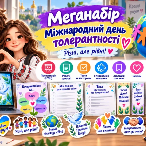 Меганабір для виховної години до Міжнародного дня толерантності: презентація, робочі аркуші, тести, закладки, наліпки та сертифікат