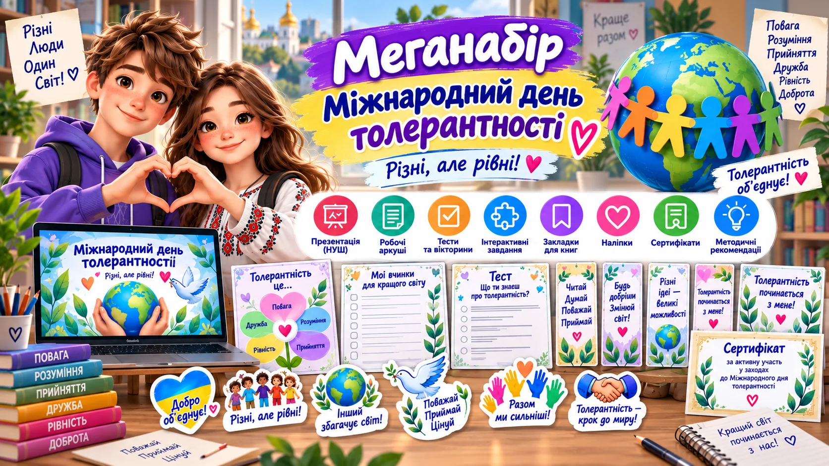 Міжнародний день толерантності Меганабір для виховної години до Міжнародного дня толерантності: презентація, робочі аркуші, тести, закладки, наліпки та сертифікат