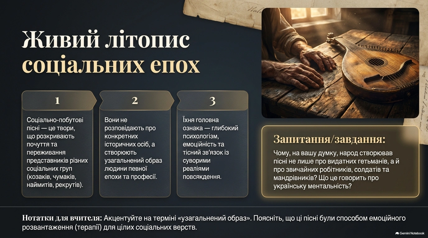 Народні соціально-побутові пісні, їх види (народні козацькі, чумацькі, наймитські, рекрутські Чумацькі народні пісні — соціально-побутова творчість