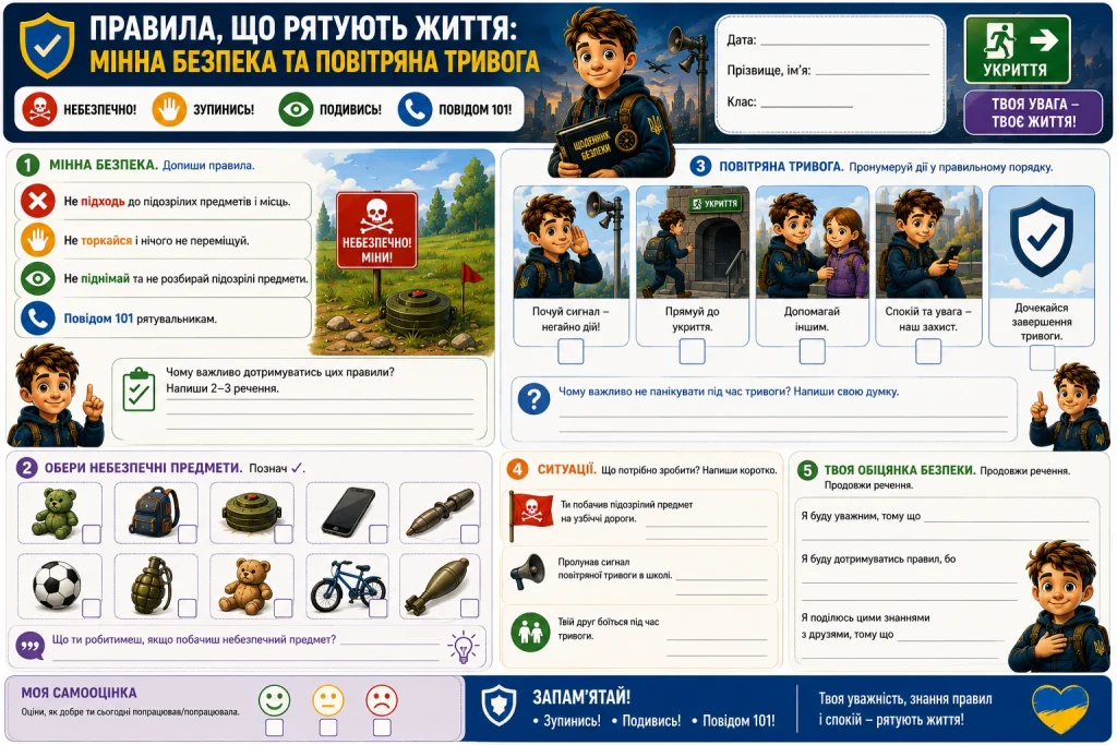 Робочий аркуш «Правила, що рятують життя: мінна безпека та повітряна тривога»
