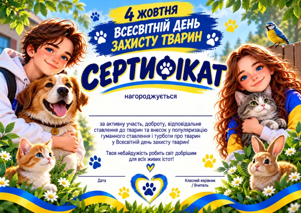 Сертифікат до Всесвітнього дня захисту тварин 4 жовтня — гуманне ставлення та турбота про тварин