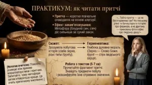 Рука, що сипле зерна в дерев’яну миску, свічка і дівчина з роздумами на тлі тексту про читання притчі українською мовою.