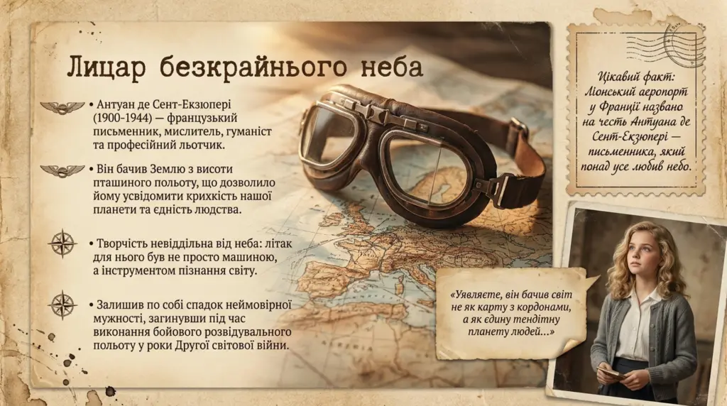 Історична карта Європи з авіаційними окулярами, портрет думчої дівчини і текст про французького письменника-льотчика Антуана де Сент-Екзюпері.