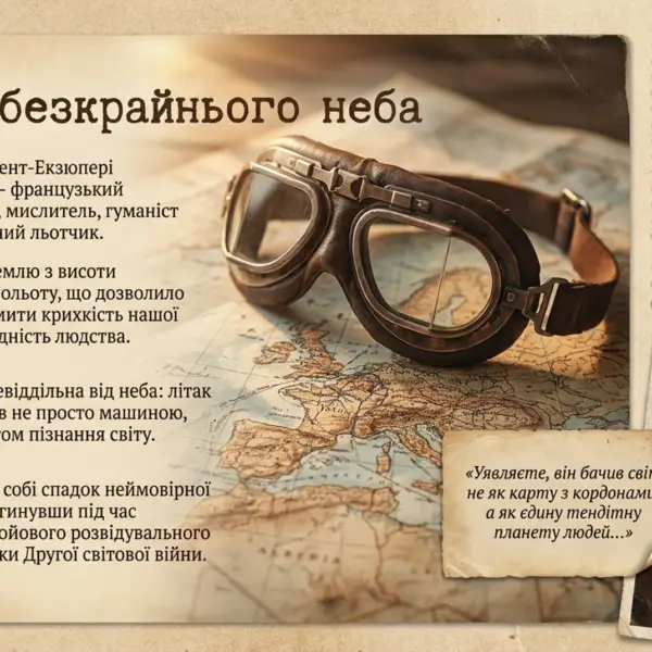 Історична карта Європи з авіаційними окулярами, портрет думчої дівчини і текст про французького письменника-льотчика Антуана де Сент-Екзюпері.