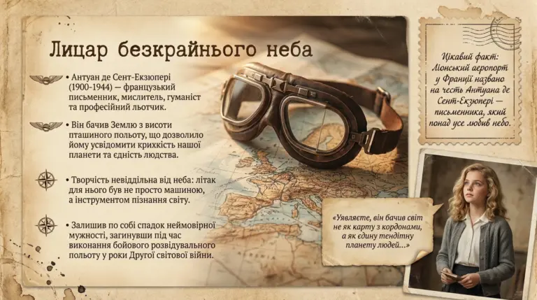 Історична карта Європи з авіаційними окулярами, портрет думчої дівчини і текст про французького письменника-льотчика Антуана де Сент-Екзюпері.