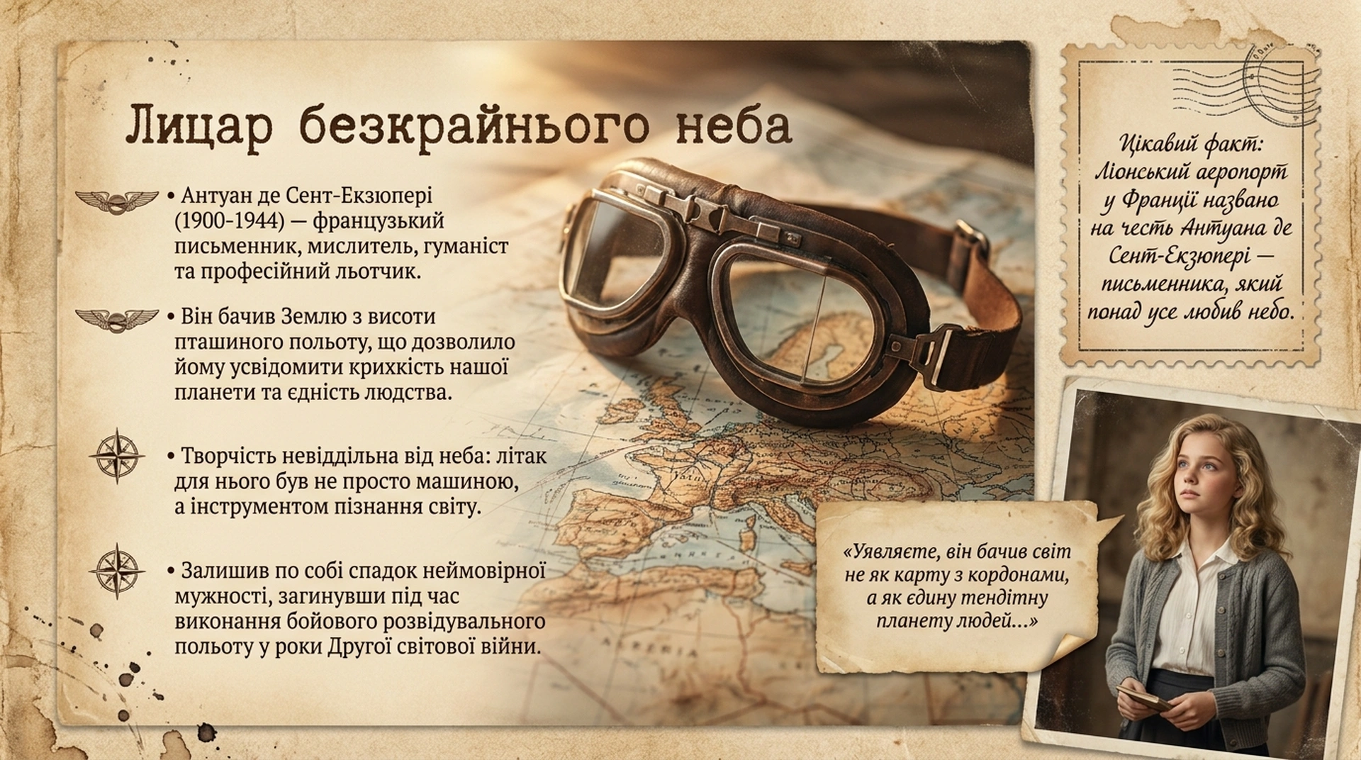 Біблійні жанри та мотиви в літературі. Антуан де Сент-Екзюпері «Маленький принц» Історична карта Європи з авіаційними окулярами, портрет думчої дівчини і текст про французького письменника-льотчика Антуана де Сент-Екзюпері.