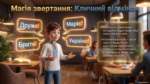 Ілюстрація хлопчика в українській вишиванці, який навчає кличного відмінка з прикладами звертань у кафе