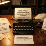 Старовинна друкарська машинка Remington на робочому столі з аркушами паперу, книгами, ручкою і лампою у бібліотеці.
