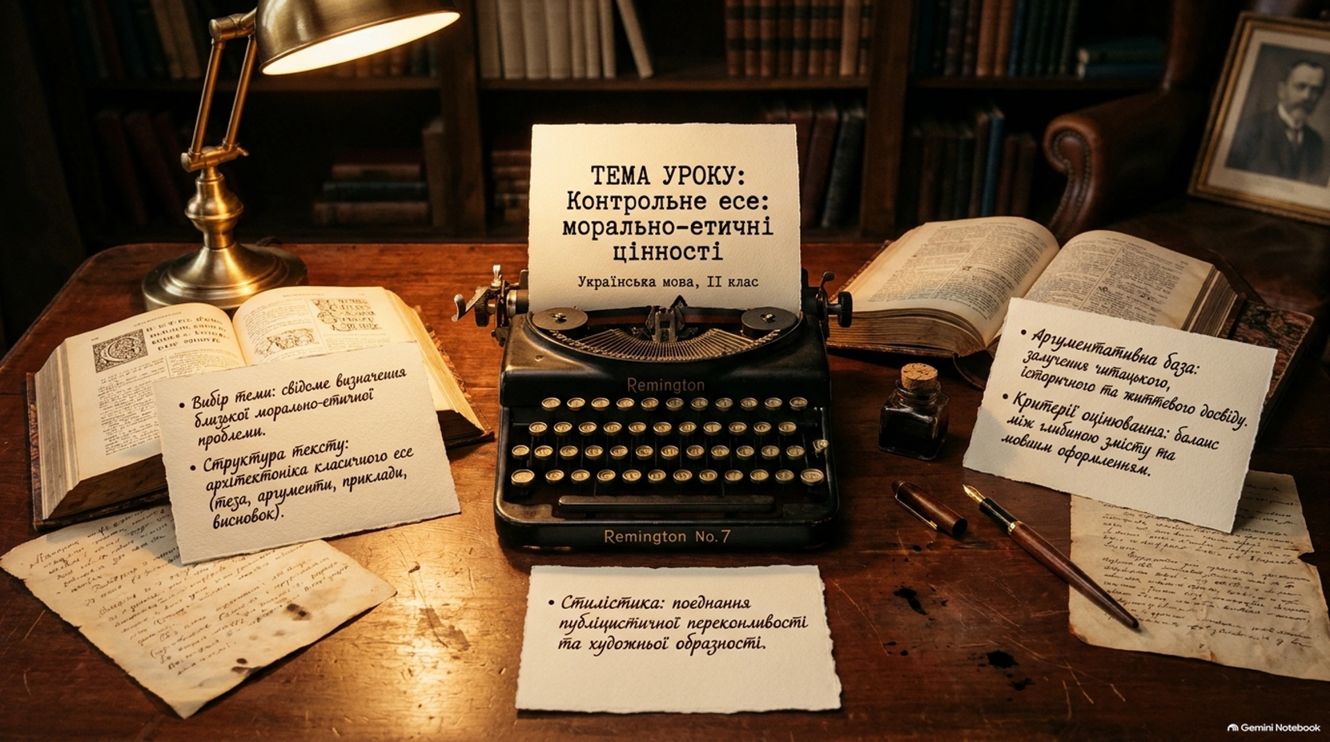 Есе на морально-етичну тему 1 Старовинна друкарська машинка Remington на робочому столі з аркушами паперу, книгами, ручкою і лампою у бібліотеці.
