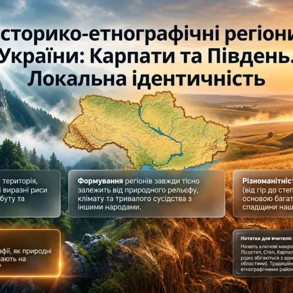 Історико-етнографічні регіони України: Карпати та Південь, локальна ідентичність, карта України на тлі гір і степів Копіювати Alt