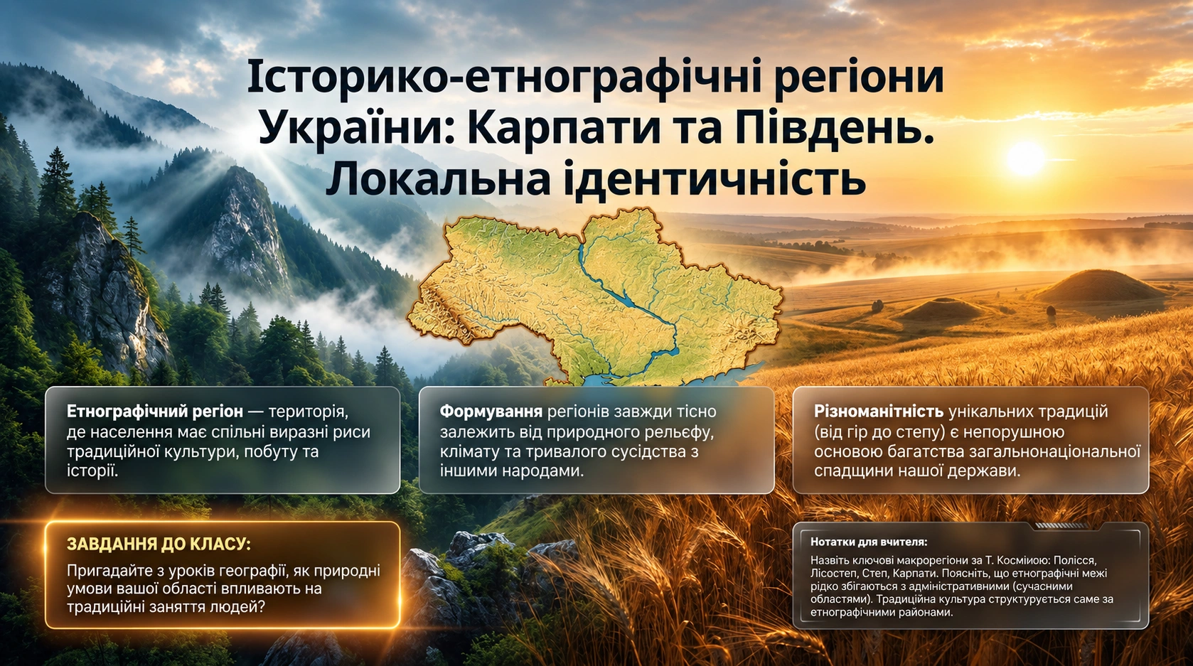 Історико-етнографічні регіони України — Карпати та Південь. Локальна ідентичність Копіювати заголовок Історико-етнографічні регіони України: Карпати та Південь, локальна ідентичність, карта України на тлі гір і степів Копіювати Alt