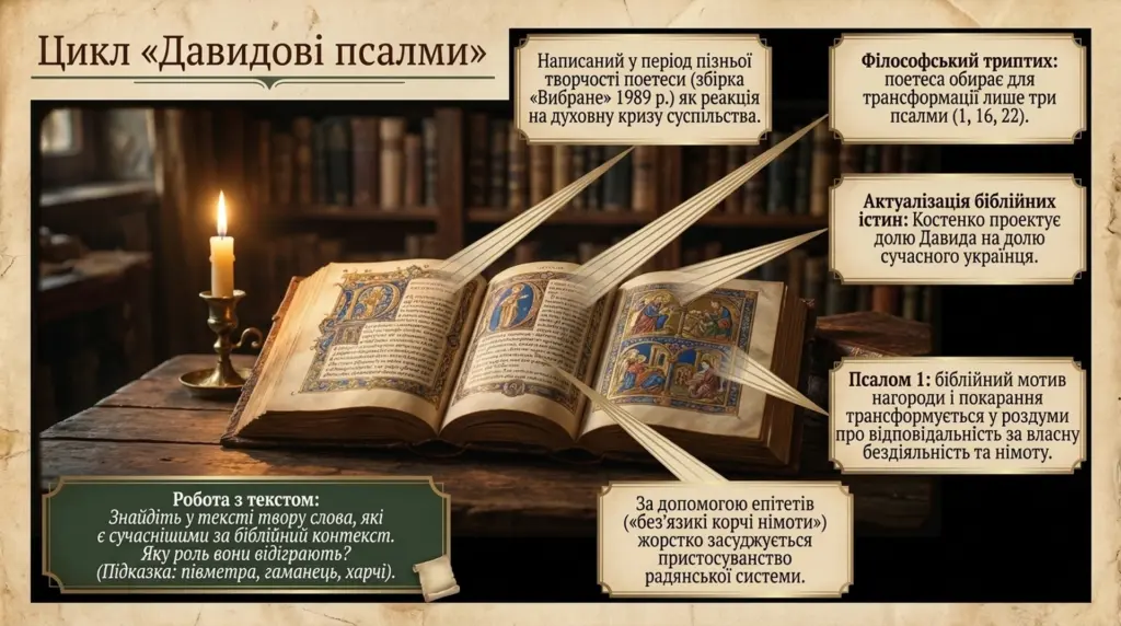 Слайд презентації з циклу «Давидові псалми», зображено відкриту старовинну книгу і текст з поясненнями ключових моментів поезії Ліни Костенко.