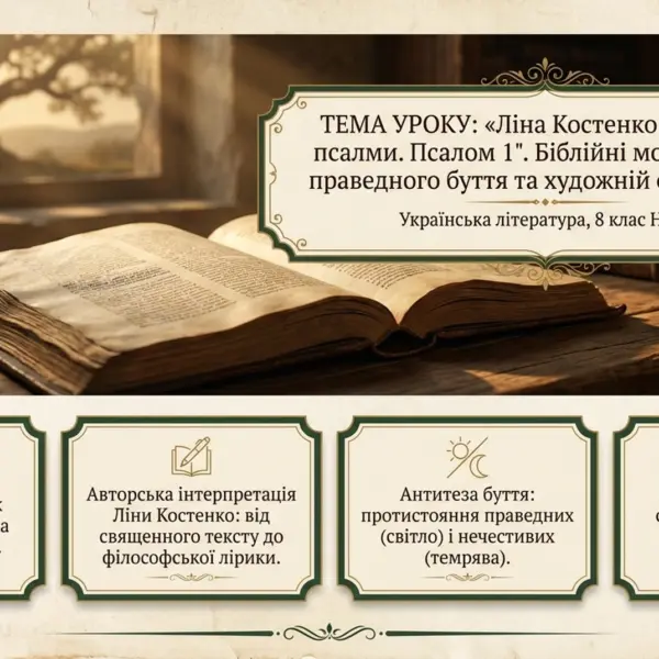 Відкрита книга на дерев'яному столі з текстом уроку про Ліну Костенко і біблійні мотиви в її поезії