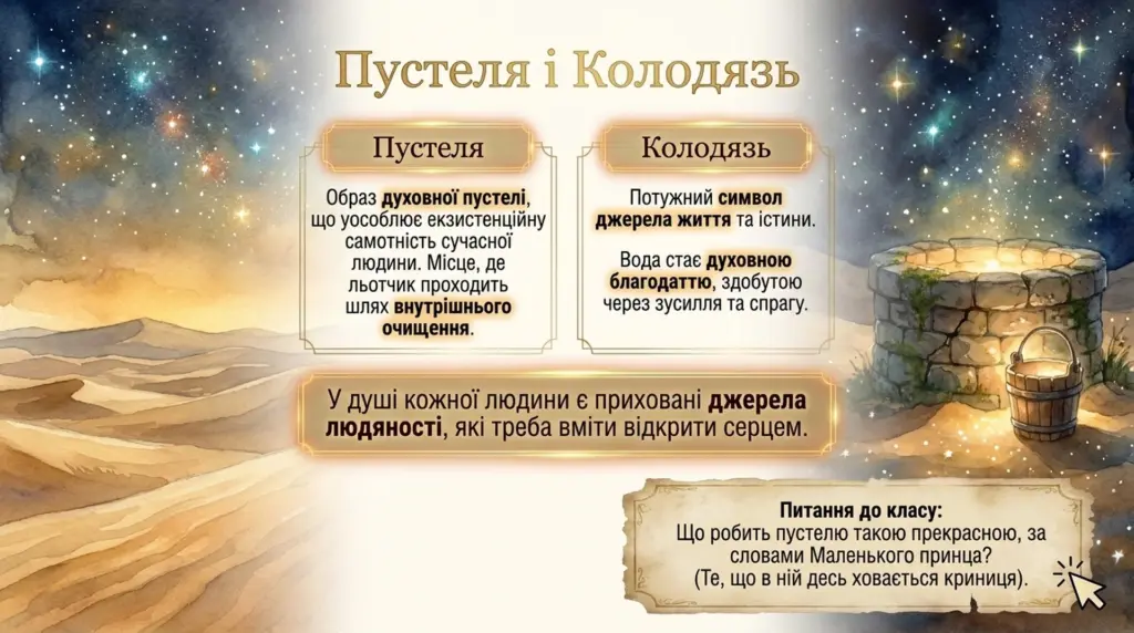 Ілюстрована презентація з текстом про символіку пустелі і колодязя в казці «Маленький принц» на фоні зоряного неба та пустельного пейзажу.