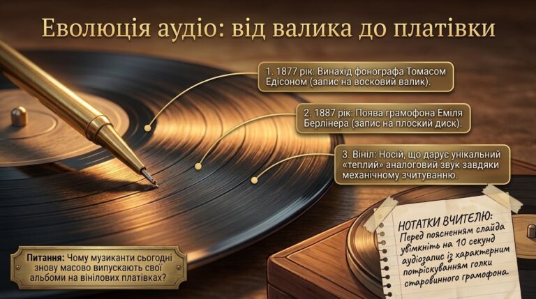 Аудіопатефон із голкою для вінілової платівки, підписана схема еволюції аудіо від валика до платівки з історичними датами і нотатками вчителю.