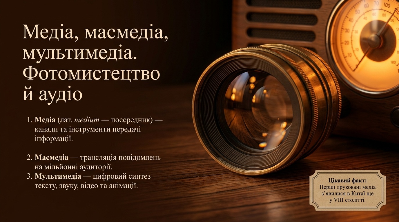 Медіа, масмедіа, мультимедіа, фотомистецтво Медіа, масмедіа, мультимедіа, фотомистецтво й аудіо — основні поняття сучасних медіа